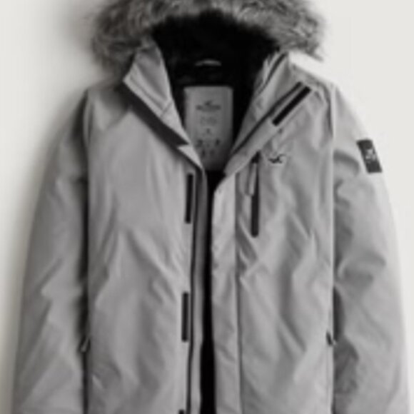 NWOT Men's Hollister Faux Fur-Lined All-Weather Winter Jacket Light Grey NEW - Picture 1 of 7